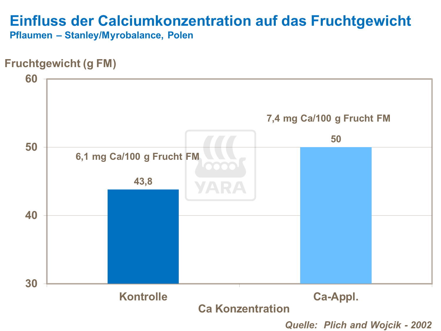 Einfluss der Calciumkonzentration auf das Fruchtgewicht bei Pflaumen